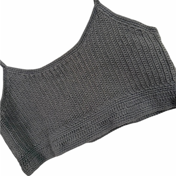 First Rite Blue Gray Crochet Knit Women's Crop Top Pima Cotton Linen Small - Picture 3 of 9